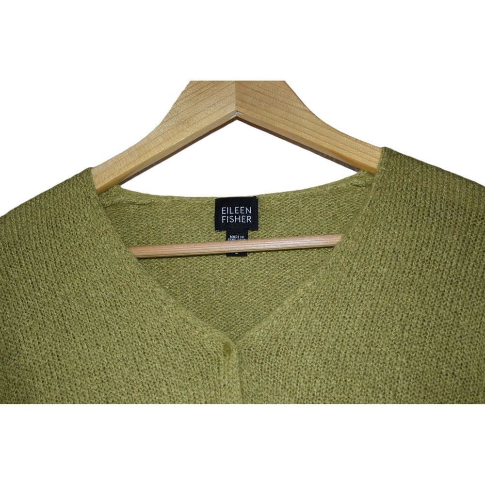 Eileen Fisher Cardigan Women L Green Excellent Silk Mohair V-Neck Button Front - Picture 2 of 6